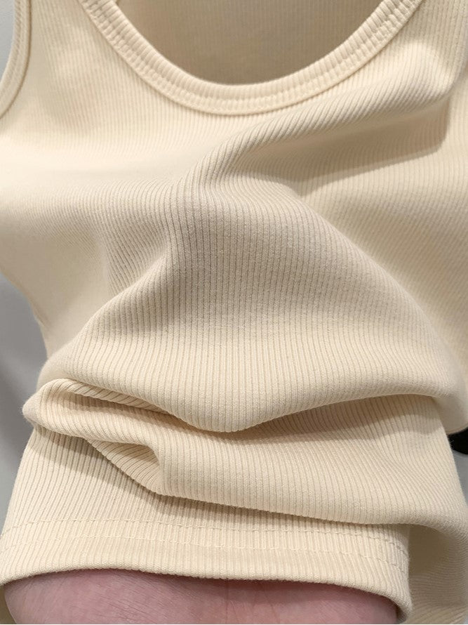 Cotton Rib Scoop Neck Fitted Tank Top - Beige - 3