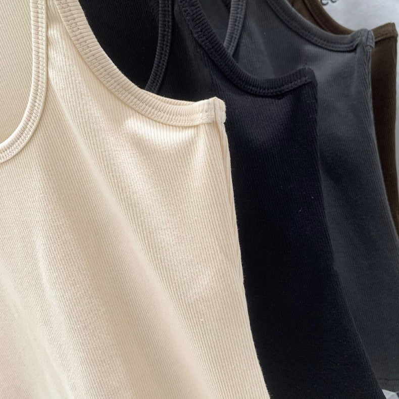 Cotton Rib Scoop Neck Fitted Tank Top - Beige - 4
