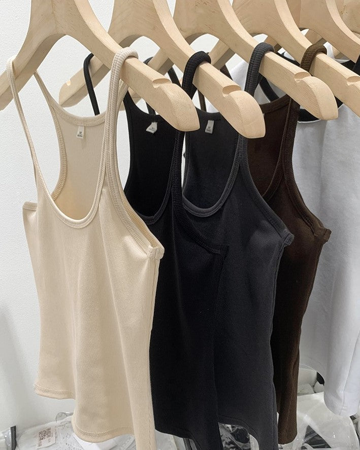 Cotton Rib Scoop Neck Fitted Tank Top - Beige - 5