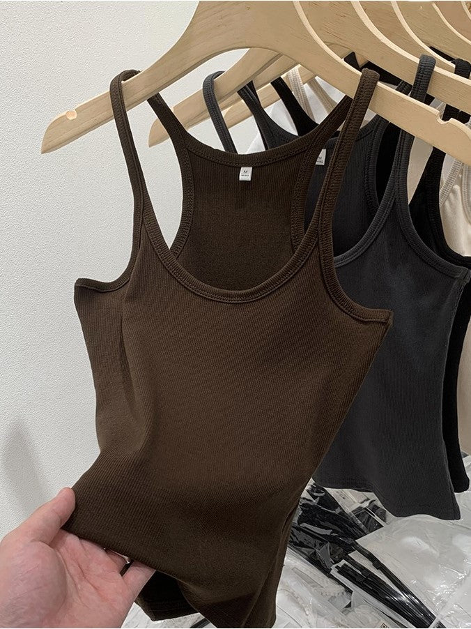 Cotton Rib Scoop Neck Fitted Tank Top - Coffee