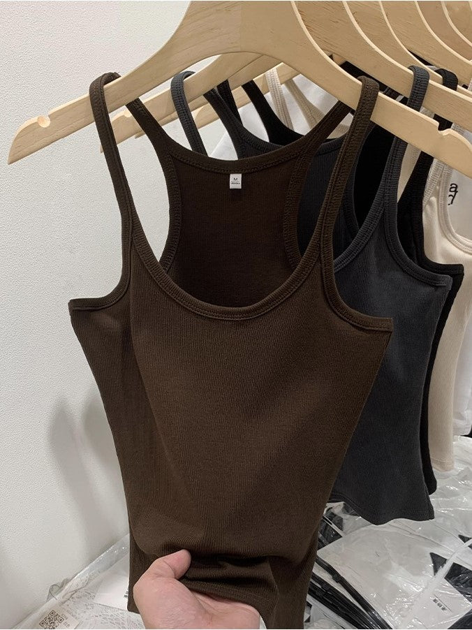 Cotton Rib Scoop Neck Fitted Tank Top - Coffee - 1