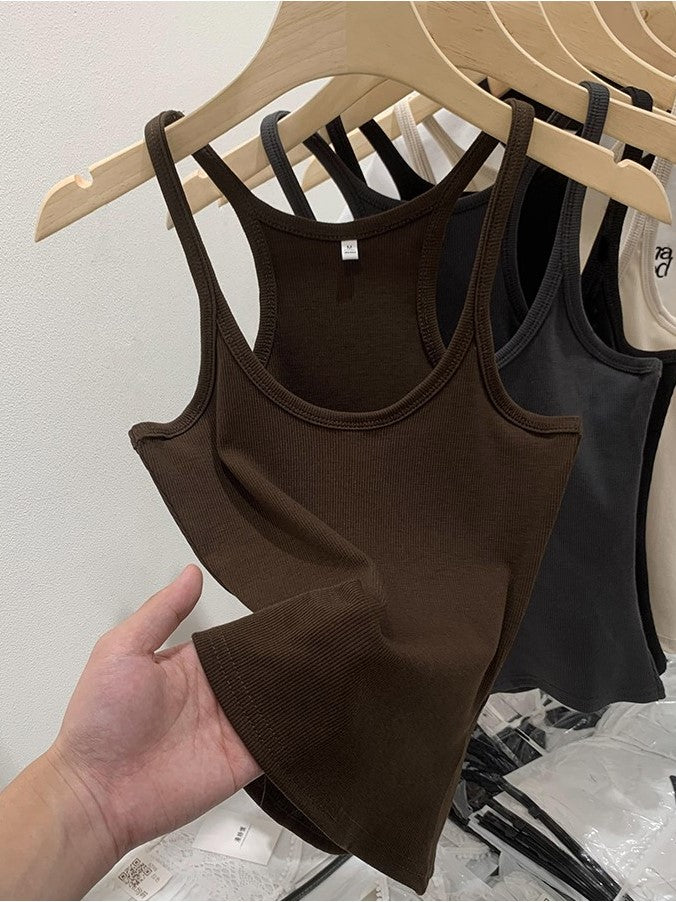 Cotton Rib Scoop Neck Fitted Tank Top - Coffee - 2
