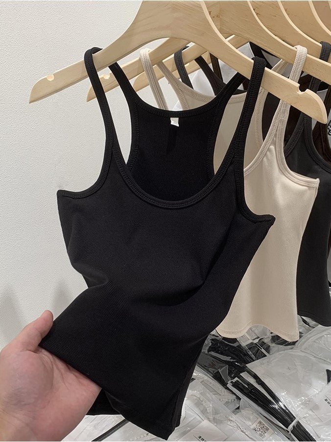 Cotton Rib Scoop Neck Fitted Tank Top - black