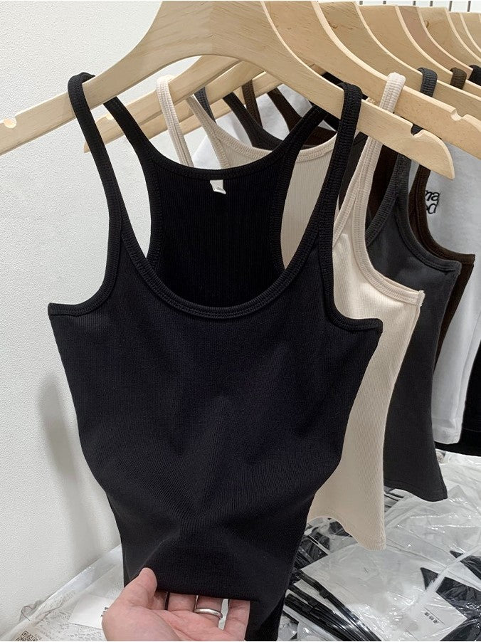 Cotton Rib Scoop Neck Fitted Tank Top - black - 1