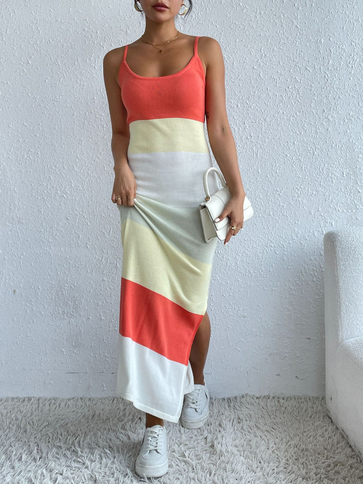 Colorblock Stripe Knit Maxi Slip Dress - Orange - 2