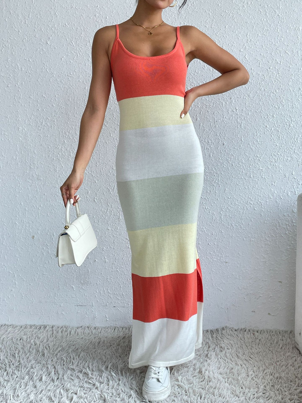 Colorblock Stripe Knit Maxi Slip Dress
