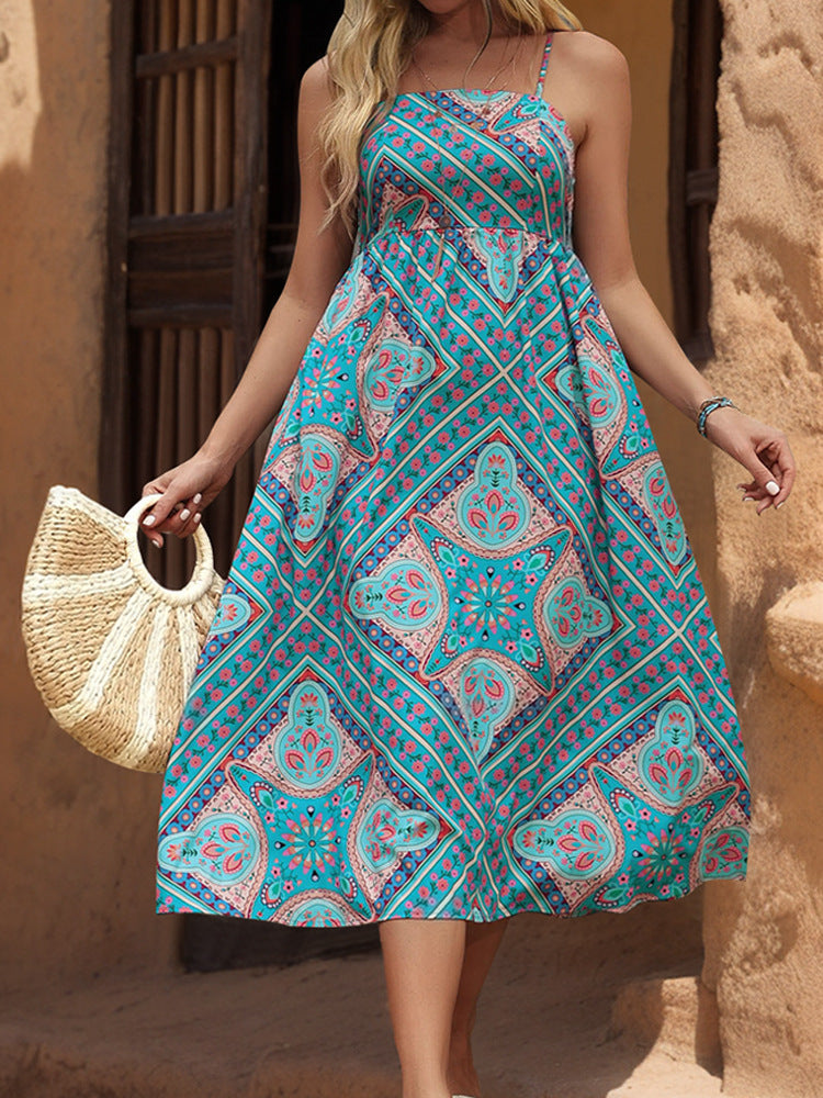 Paisley Medallion Print Cami Midi Sundress - Blue - 4