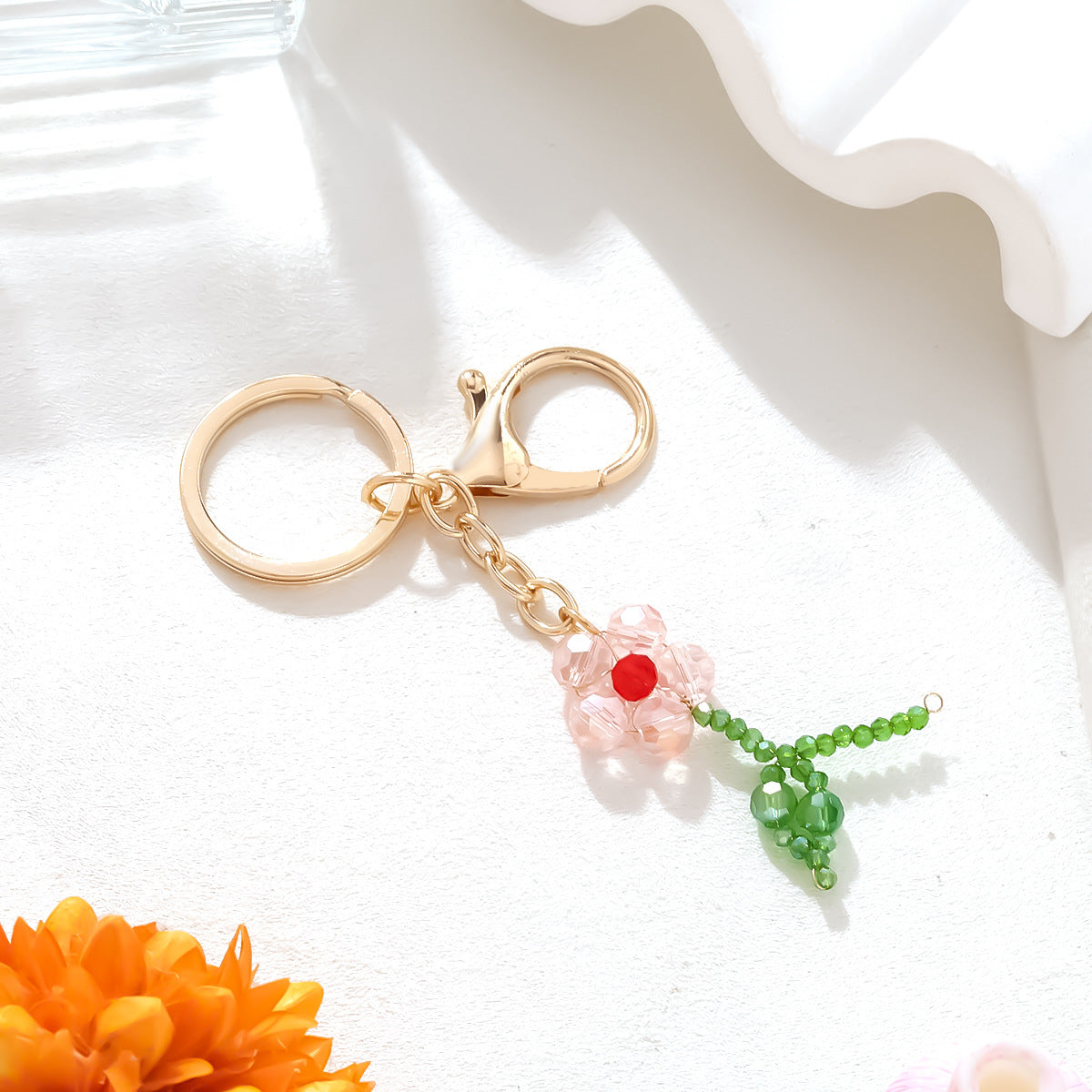Seed Bead Flower Charm Keychain - Gold