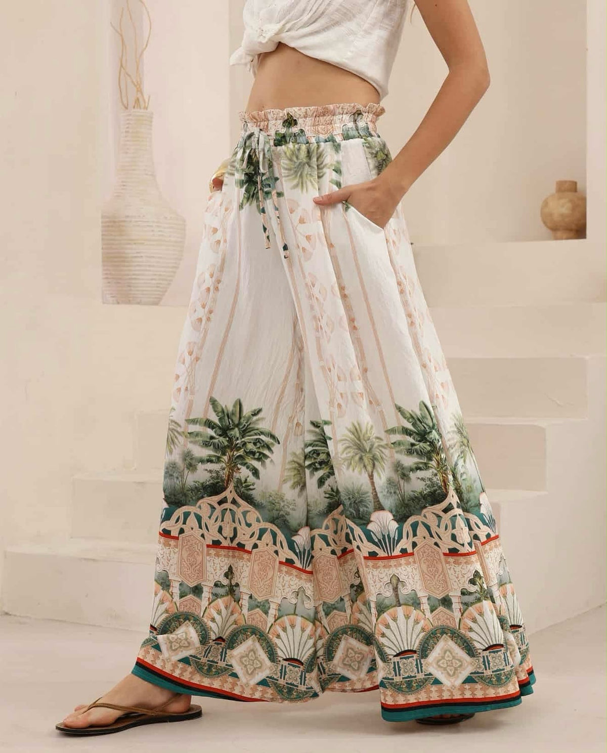 Palm Print Flowy Wide Leg Beach Pants - White