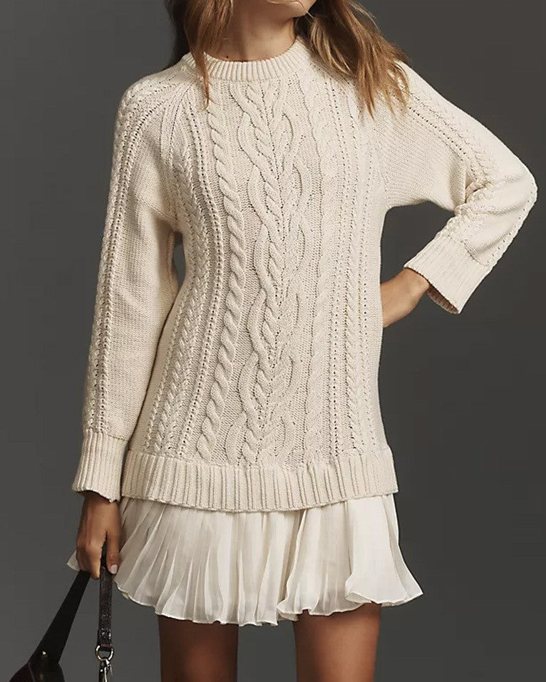 Cable Knit Mini Dress With Pleated Hem - Apricot