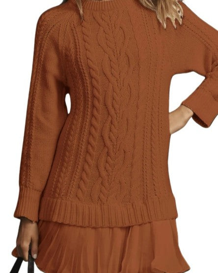 Cable Knit Mini Dress With Pleated Hem - Brown