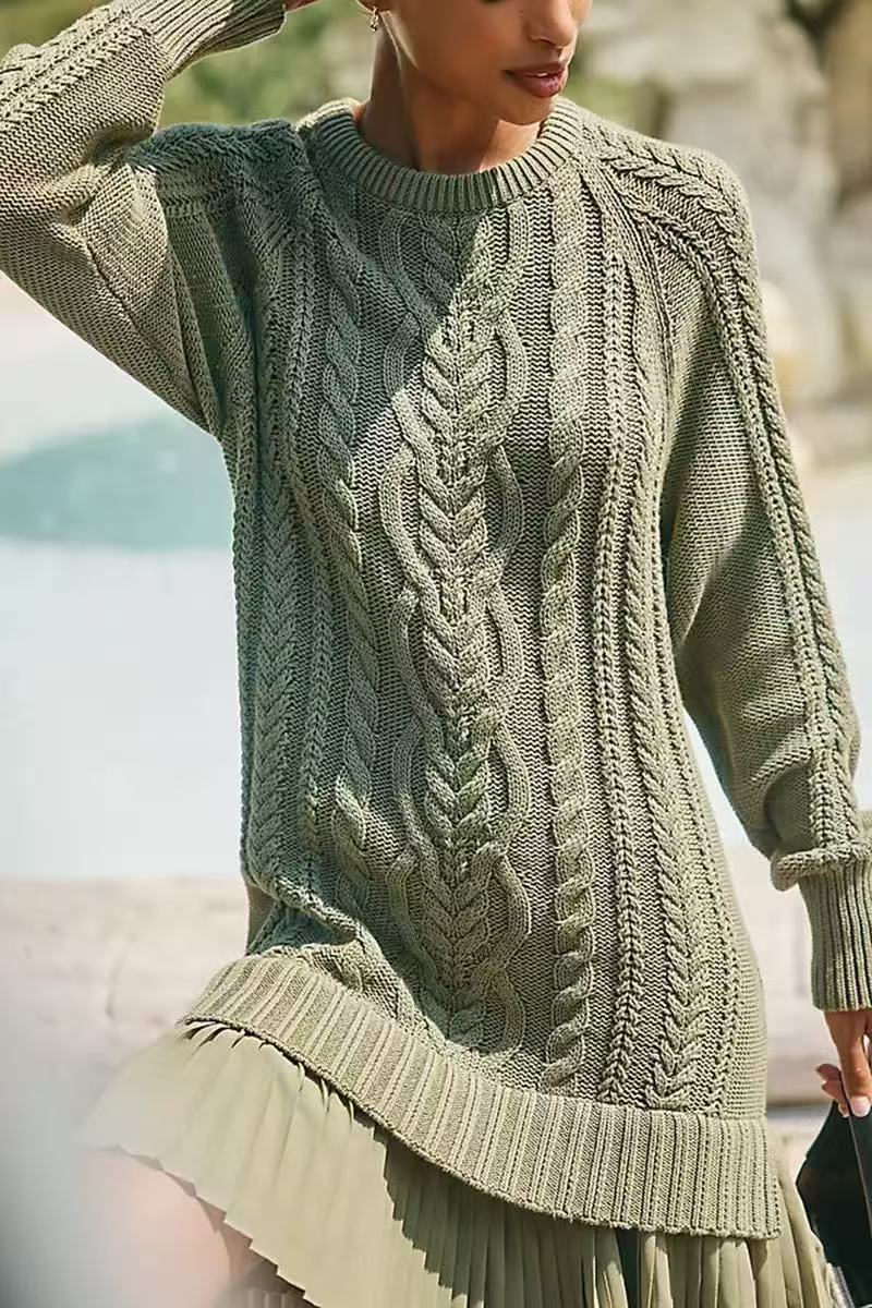 Cable Knit Mini Dress With Pleated Hem - Green