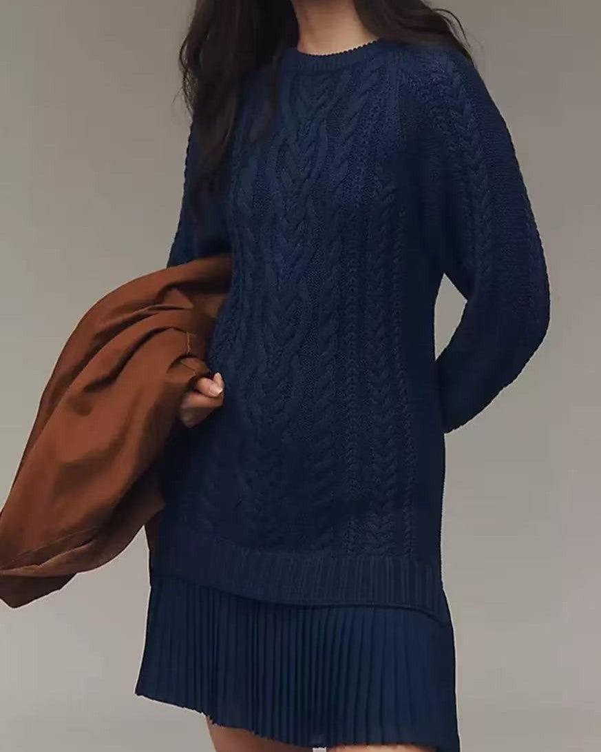Cable Knit Mini Dress With Pleated Hem - Navy-Blue