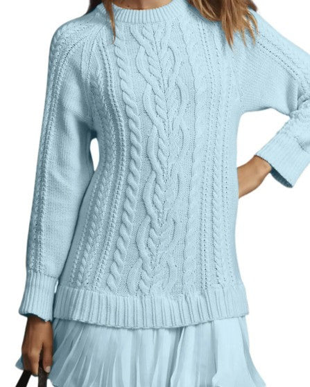Cable Knit Mini Dress With Pleated Hem - Sky-Blue