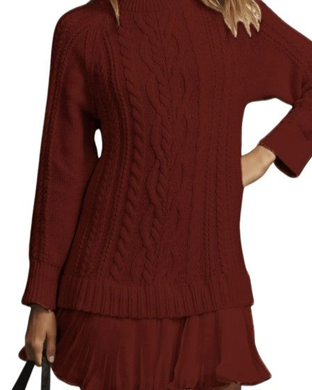 Cable Knit Mini Dress With Pleated Hem - Wine-Red