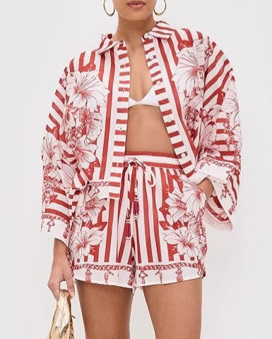 Palm Stripe Wide Sleeve Shirt And Shorts Set - Red
