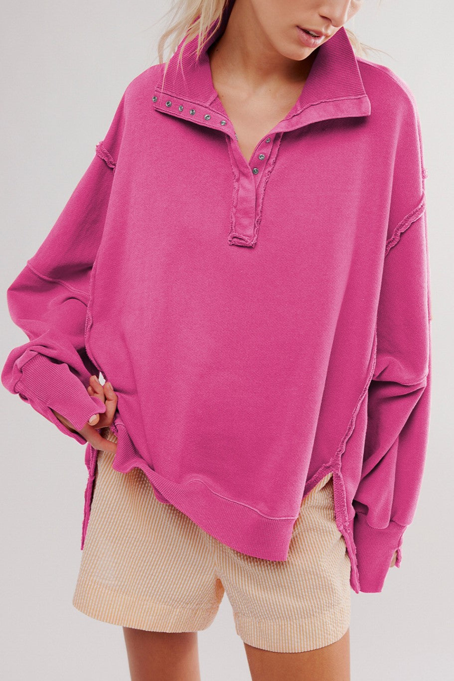 Oversized Collared Sweatshirt With Raw Seams - Fuchsia