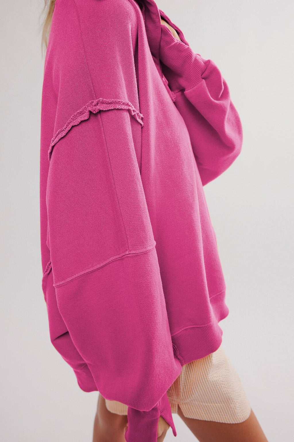 Oversized Collared Sweatshirt With Raw Seams - Fuchsia - 4