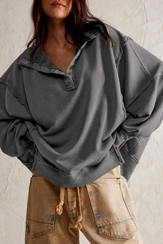 Oversized Collared Sweatshirt With Raw Seams - Gray