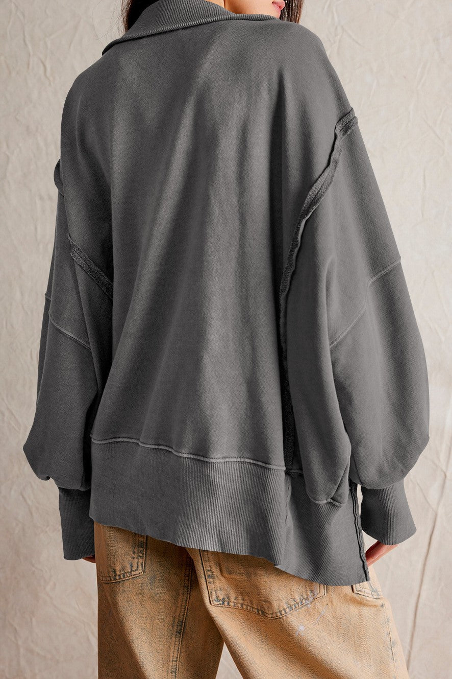 Oversized Collared Sweatshirt With Raw Seams - Gray - 3