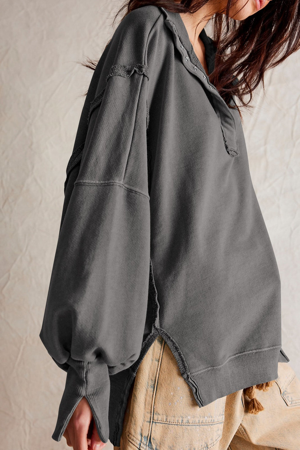 Oversized Collared Sweatshirt With Raw Seams - Gray - 4