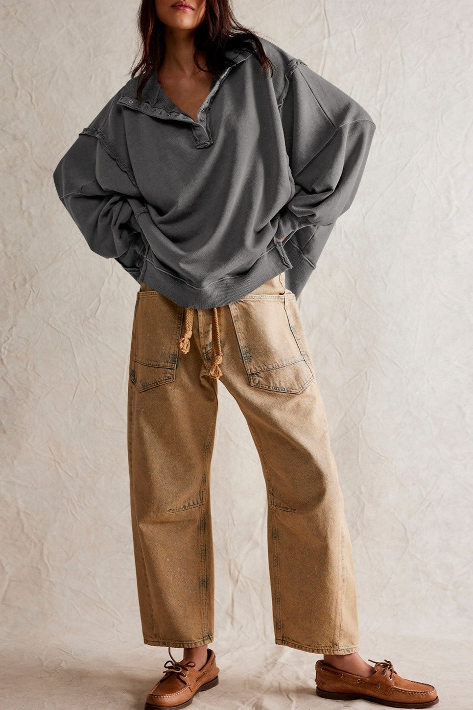 Oversized Collared Sweatshirt With Raw Seams - Gray - 5
