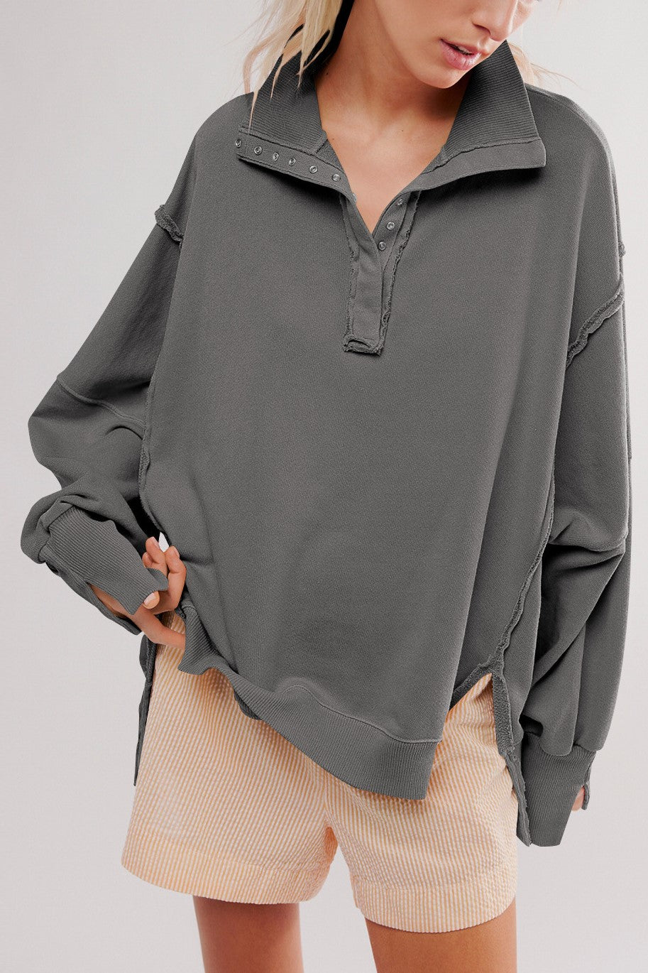 Oversized Collared Sweatshirt With Raw Seams - Gray - 6