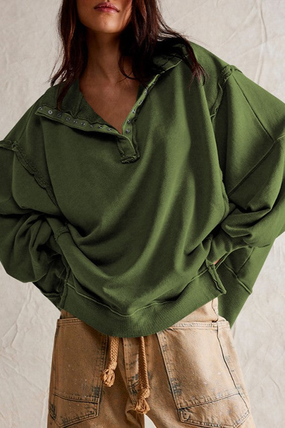 Oversized Collared Sweatshirt With Raw Seams - Olive