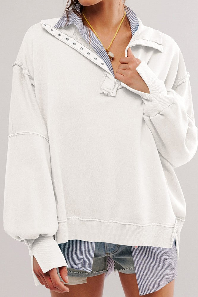 Oversized Collared Sweatshirt With Raw Seams - White