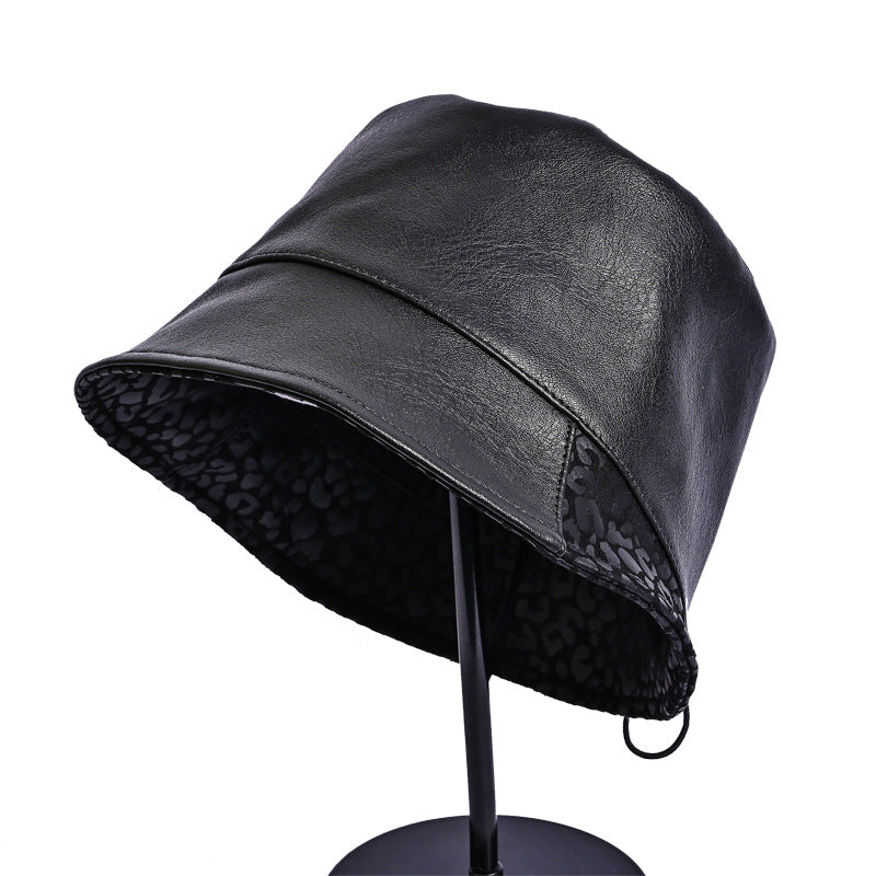 Faux Leather Bucket Hat With Leopard Lined Brim - Black