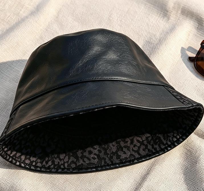 Faux Leather Bucket Hat With Leopard Lined Brim - Black - 1