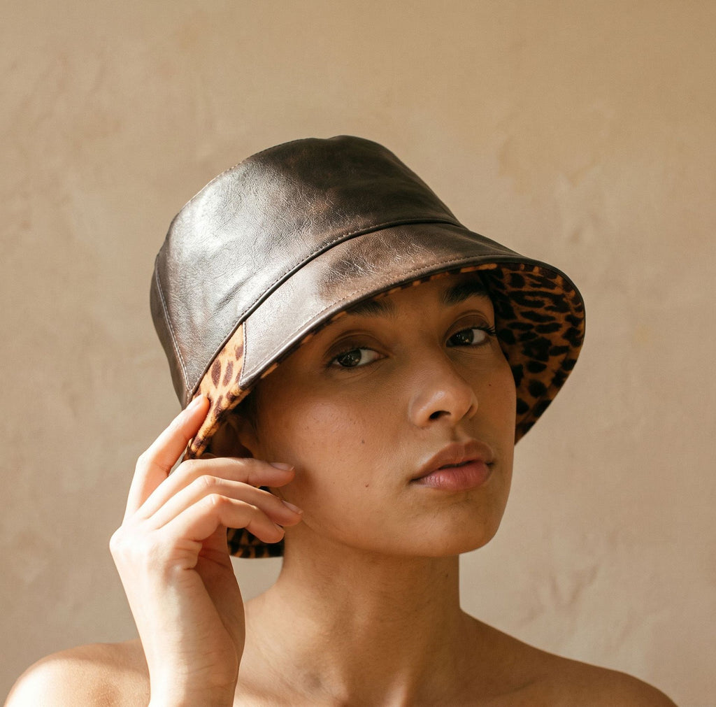 Faux Leather Bucket Hat With Leopard Lined Brim - Coffee