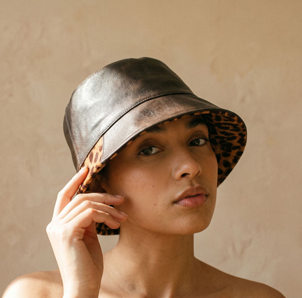 Faux Leather Bucket Hat With Leopard Lined Brim - Coffee
