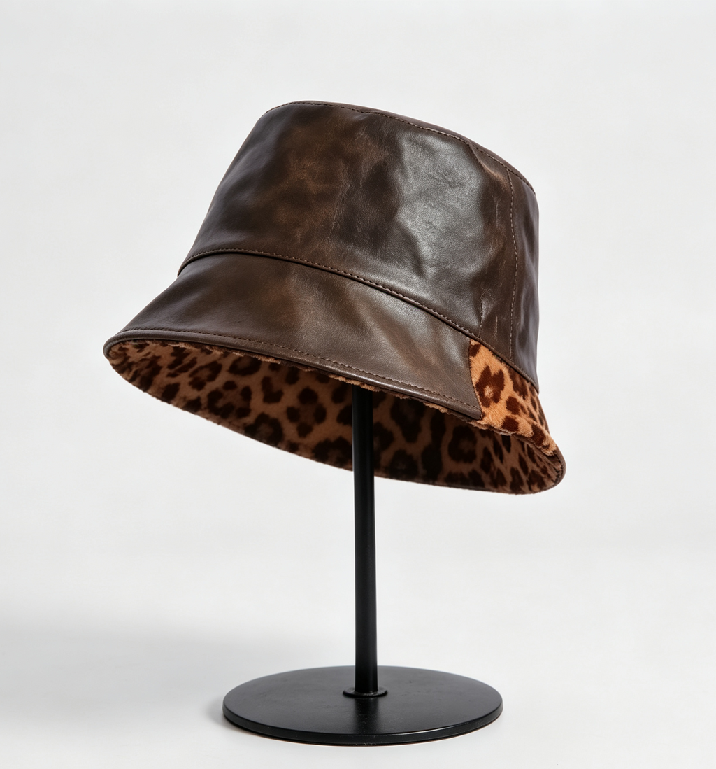 Faux Leather Bucket Hat With Leopard Lined Brim - Coffee - 1