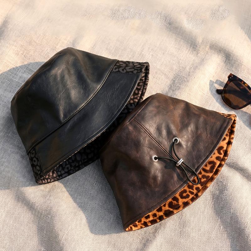 Faux Leather Bucket Hat With Leopard Lined Brim - Coffee - 2