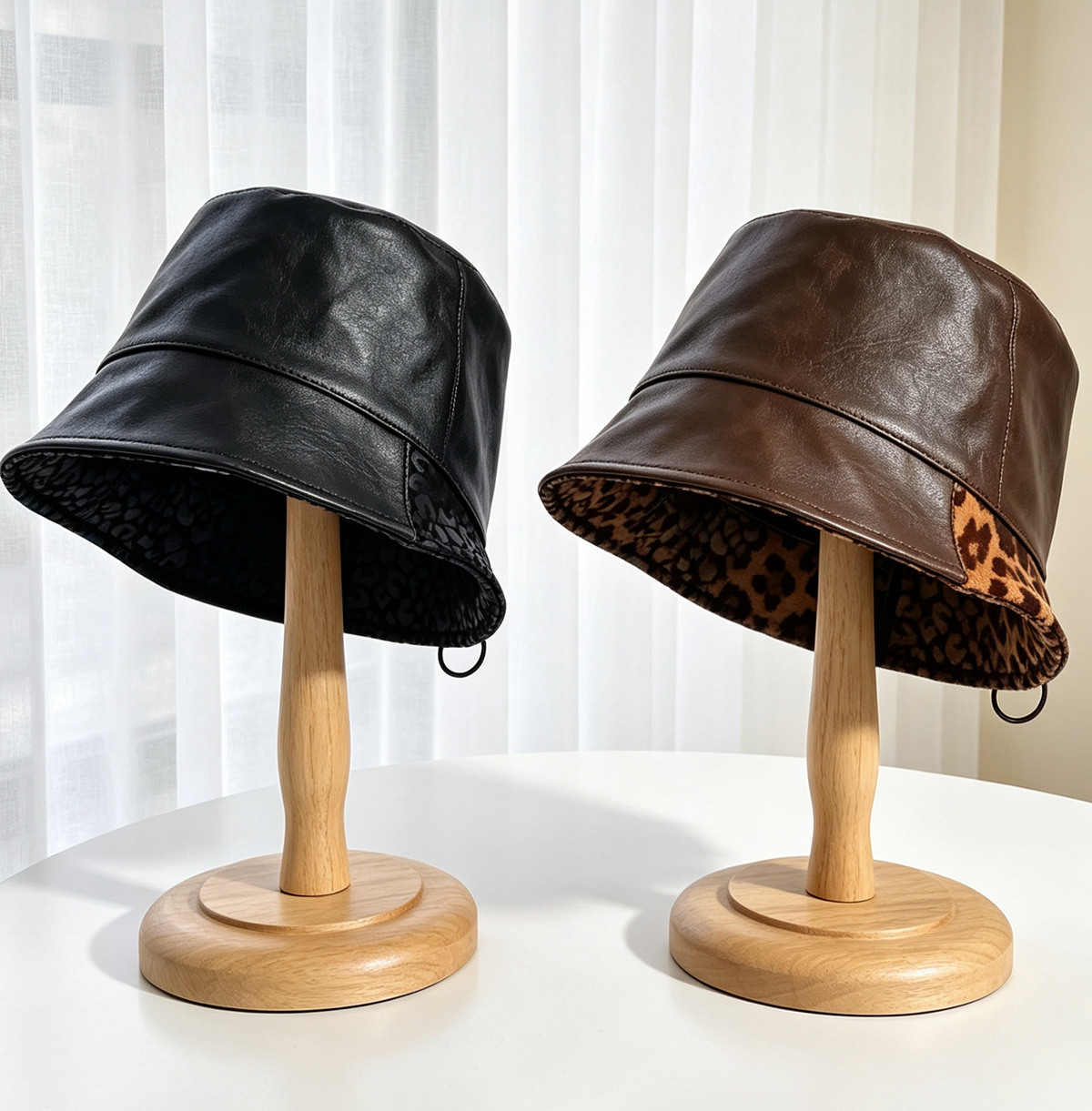 Faux Leather Bucket Hat With Leopard Lined Brim - Coffee - 3