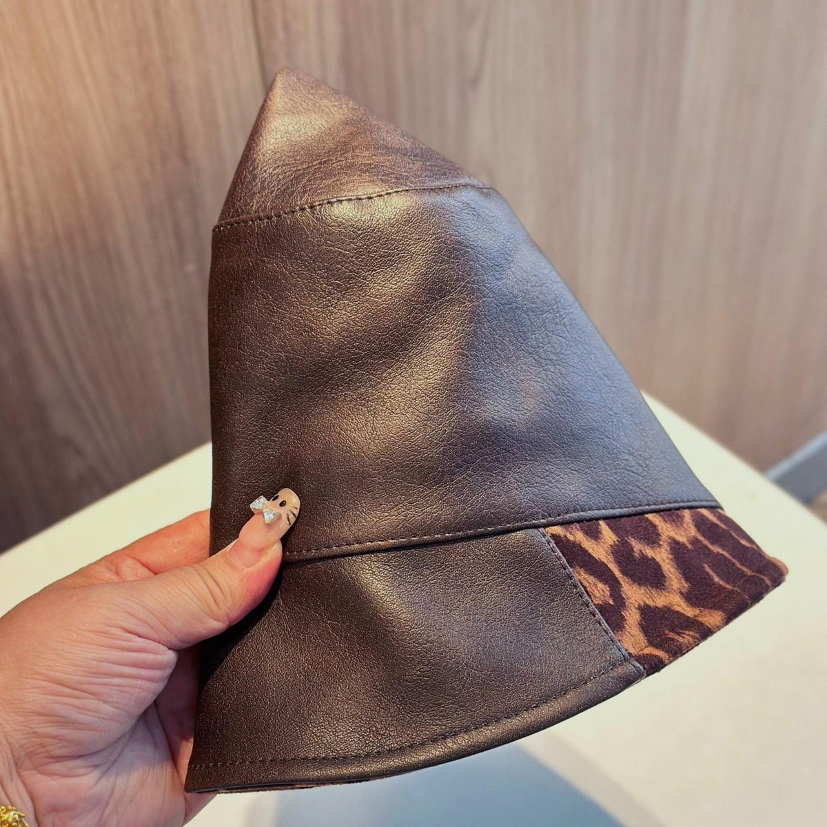Faux Leather Bucket Hat With Leopard Lined Brim - Coffee - 4