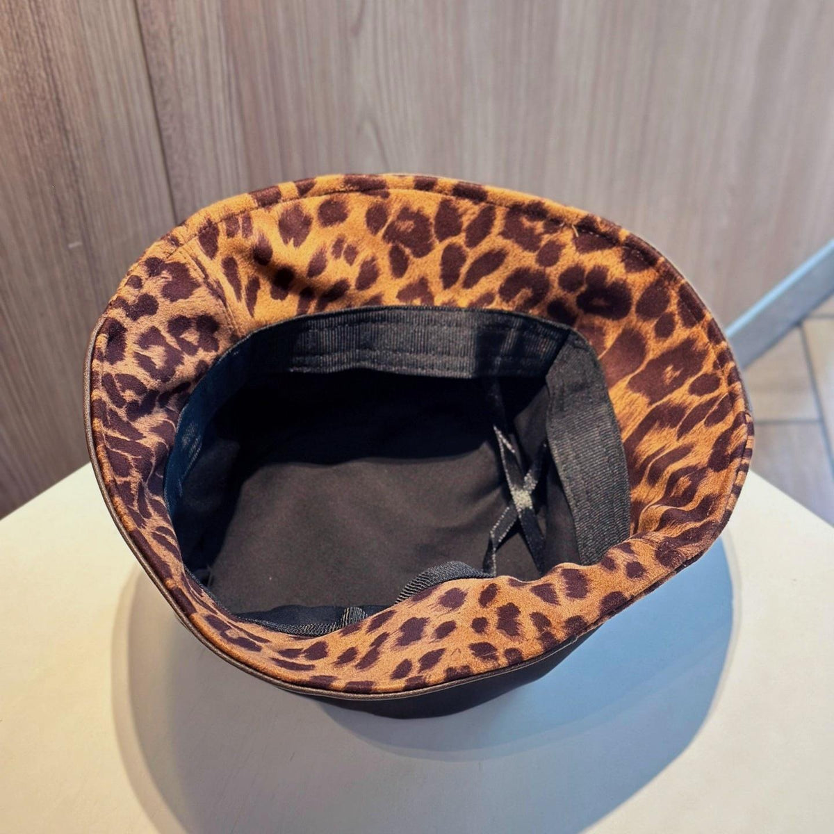 Faux Leather Bucket Hat With Leopard Lined Brim - Coffee - 5