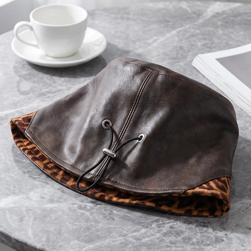 Faux Leather Bucket Hat With Leopard Lined Brim - Coffee - 6