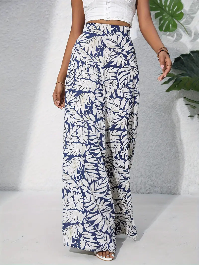 Tropical Leaf Print Wide Leg Palazzo Pants - Blue