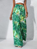 Tropical Leaf Print Wide Leg Palazzo Pants - Green