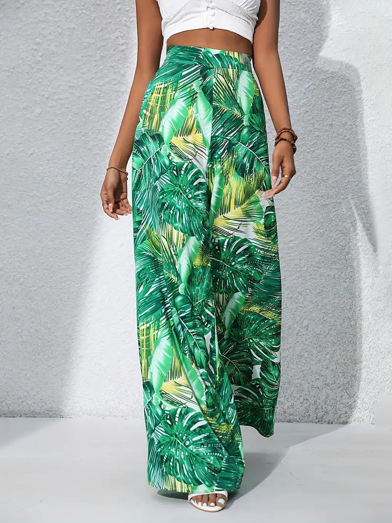 Tropical Leaf Print Wide Leg Palazzo Pants - Green