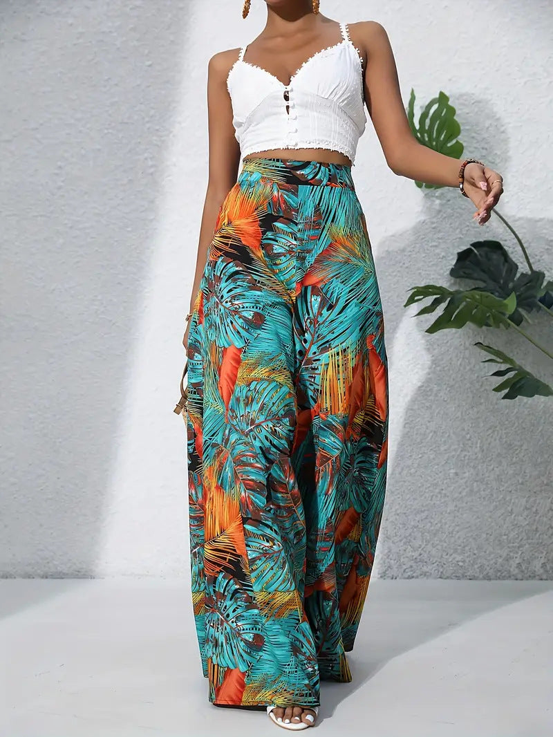 Tropical Leaf Print Wide Leg Palazzo Pants - LakeBlue