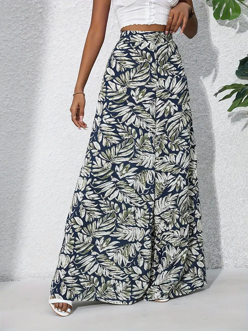 Tropical Leaf Print Wide Leg Palazzo Pants - NavyBlue