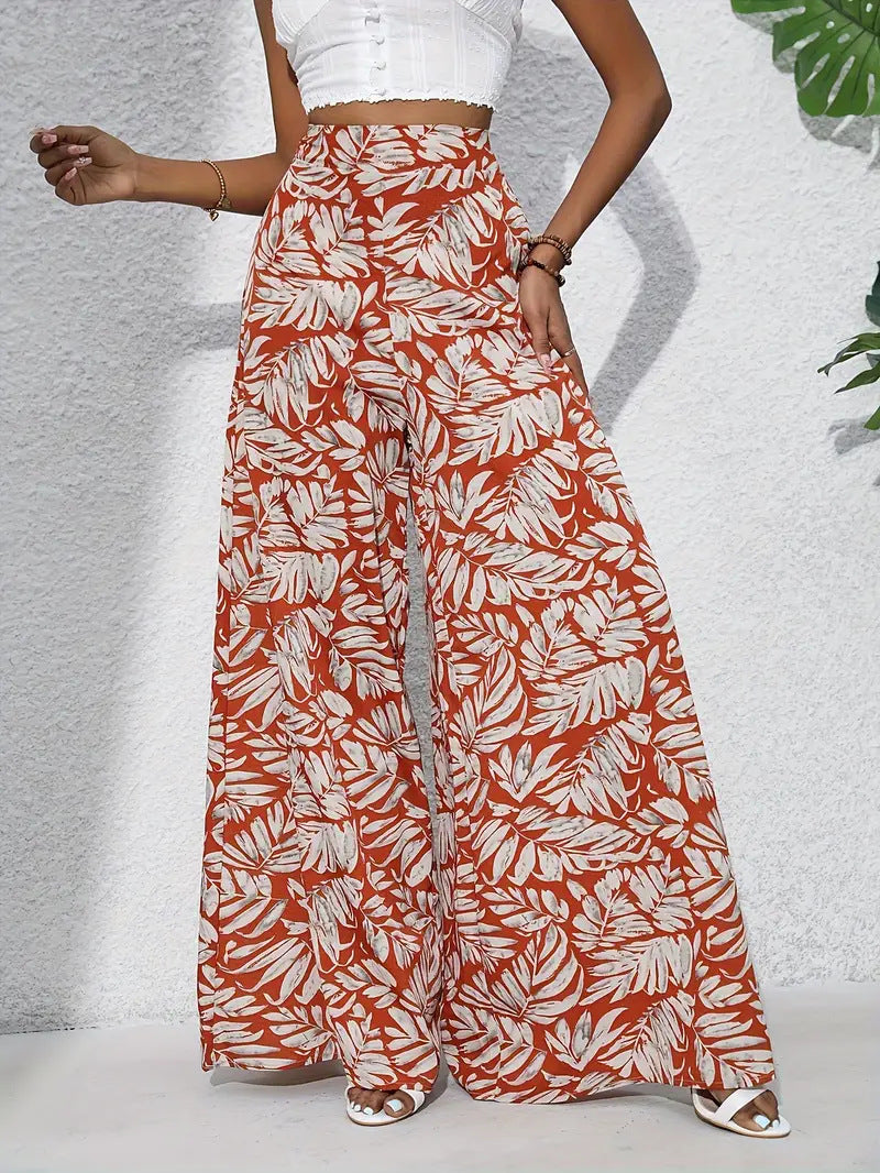Tropical Leaf Print Wide Leg Palazzo Pants - Red