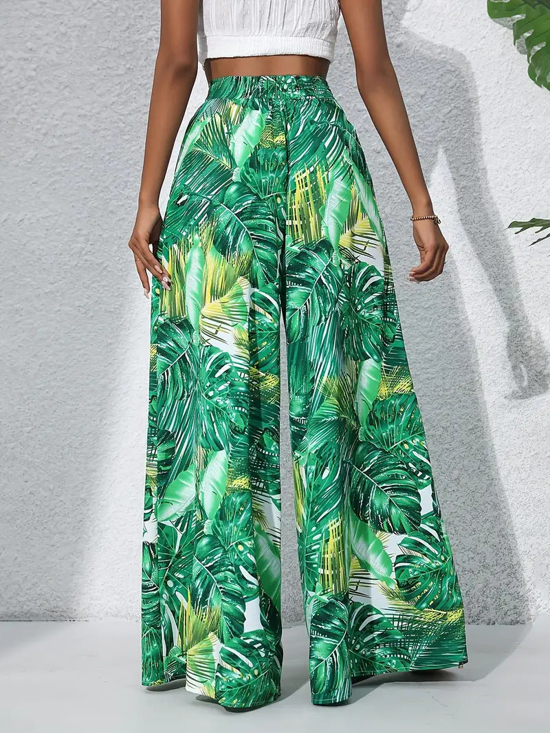 Tropical Leaf Print Wide Leg Palazzo Pants