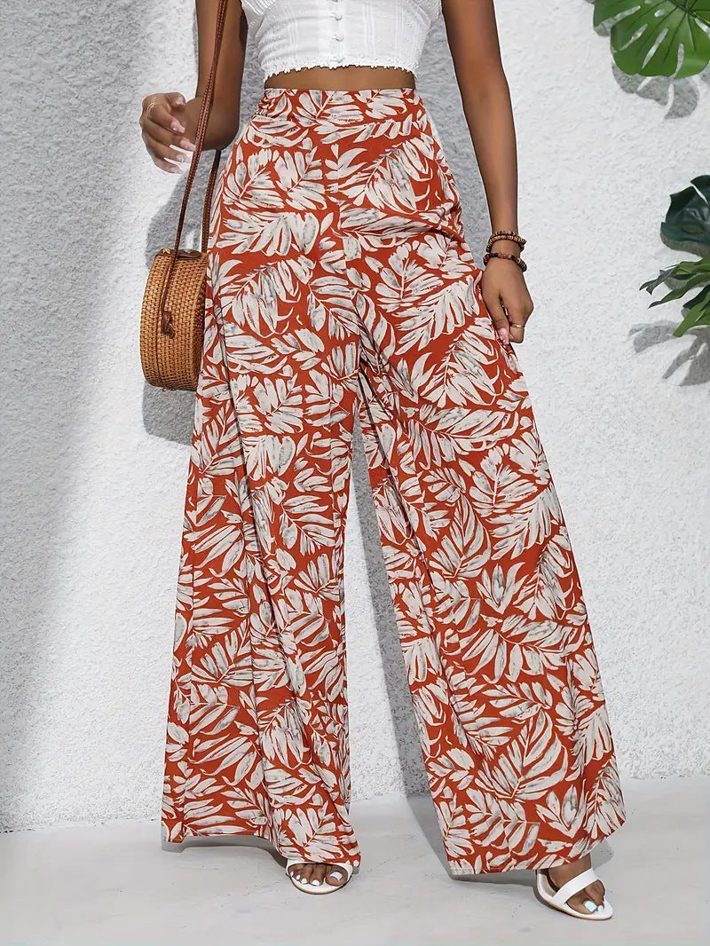 Tropical Leaf Print Wide Leg Palazzo Pants - view 2