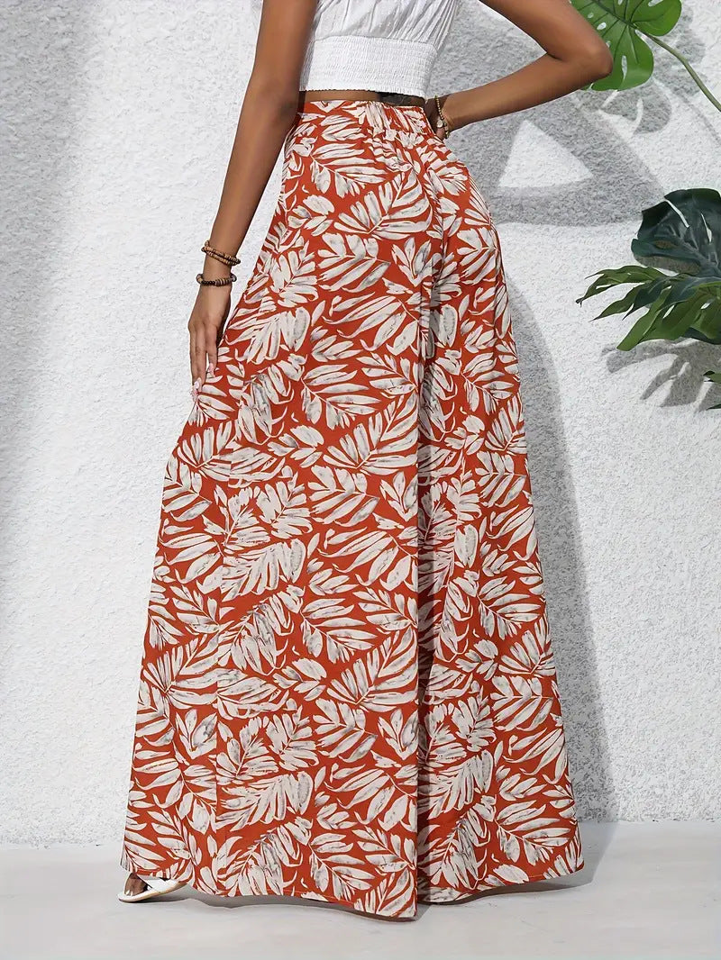 Tropical Leaf Print Wide Leg Palazzo Pants - view 3