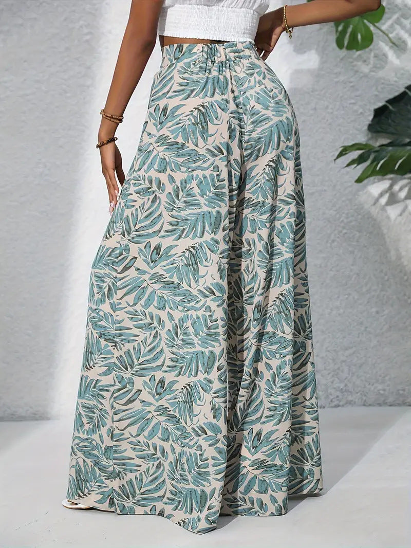 Tropical Leaf Print Wide Leg Palazzo Pants - view 5
