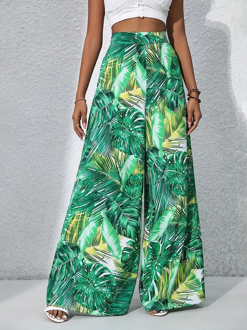 Tropical Leaf Print Wide Leg Palazzo Pants - view 6